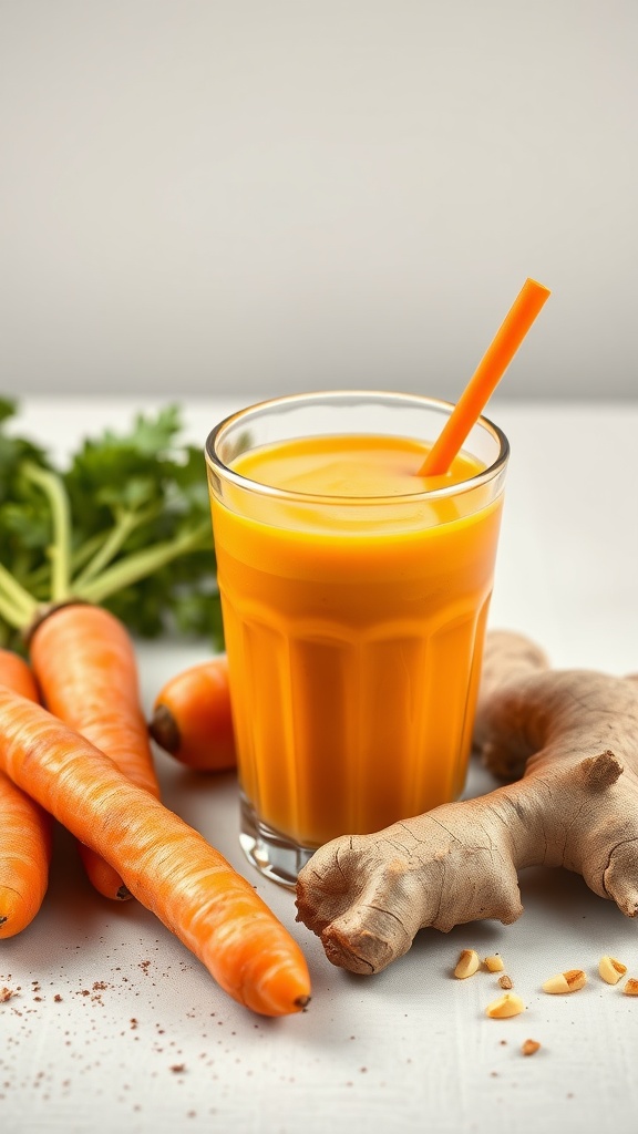 A glass of carrot ginger smoothie with fresh carrots and ginger roots beside it.