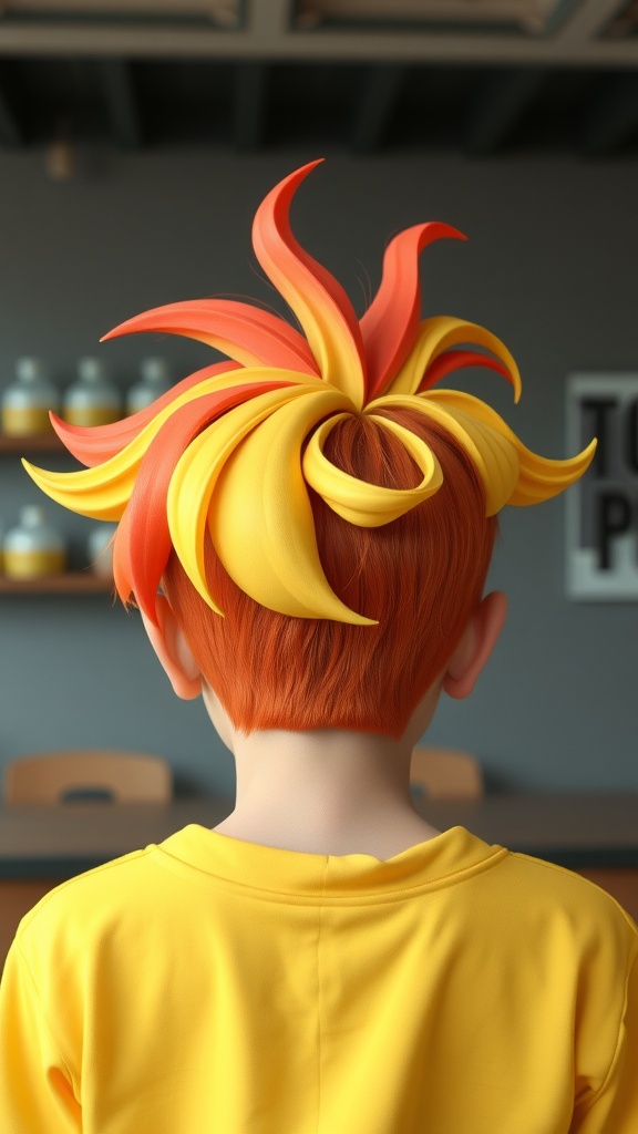 A back view of a child with colorful, cartoon-style spiky hair in orange and yellow.