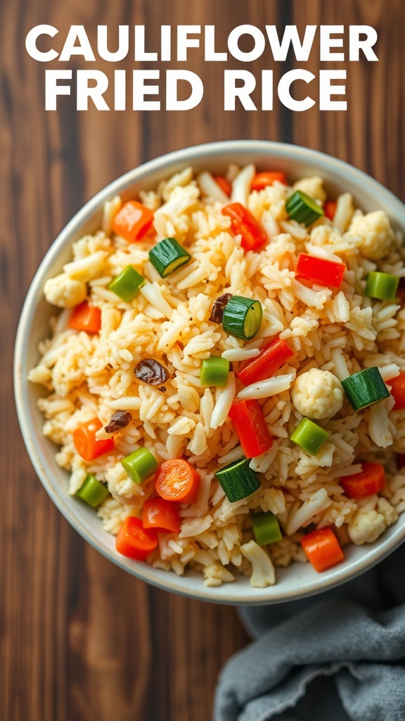 A bowl of cauliflower fried rice with colorful vegetables.