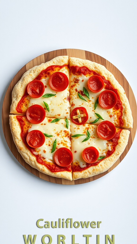 A delicious cauliflower pizza crust topped with cheese and pepperoni, served on a wooden board.