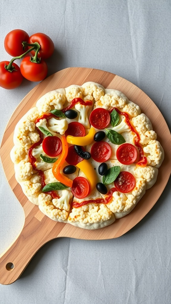 A homemade cauliflower pizza topped with pepperoni, olives, and bell peppers on a wooden board.