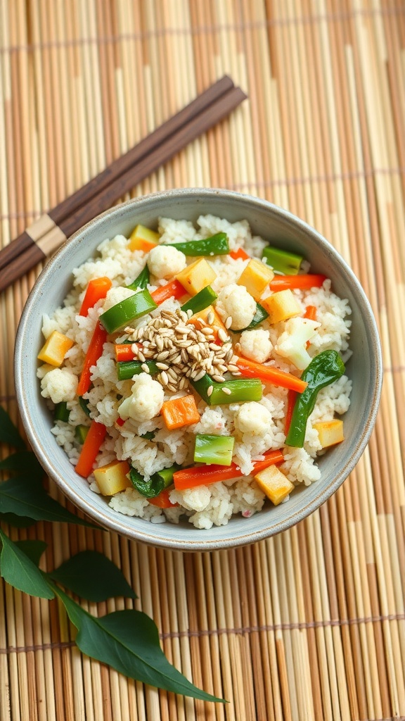 A bowl of colorful cauliflower rice stir-fry with mixed vegetables and sesame seeds.