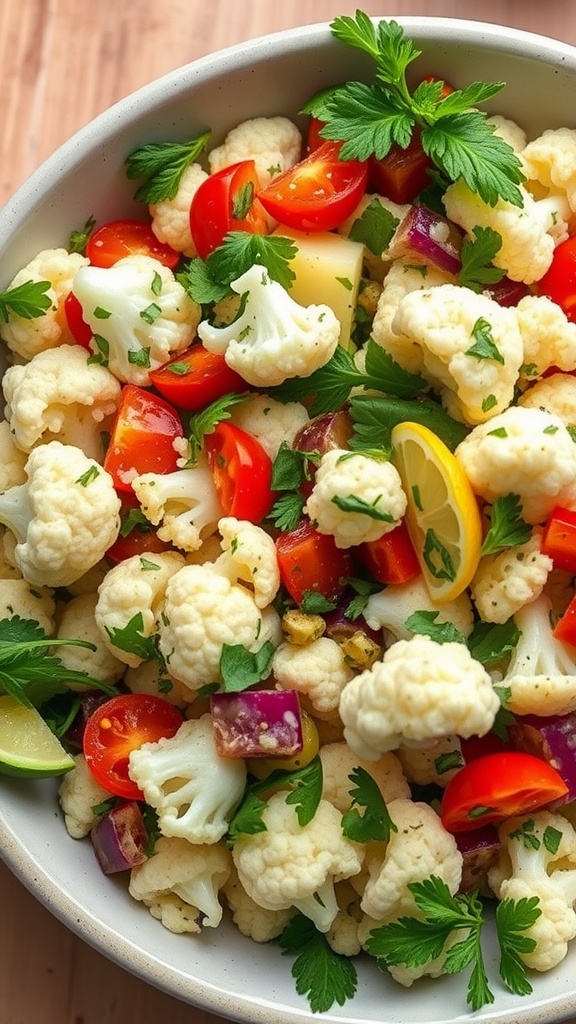 A bowl of fresh Cauliflower Tabouli Salad with colorful vegetables and herbs.