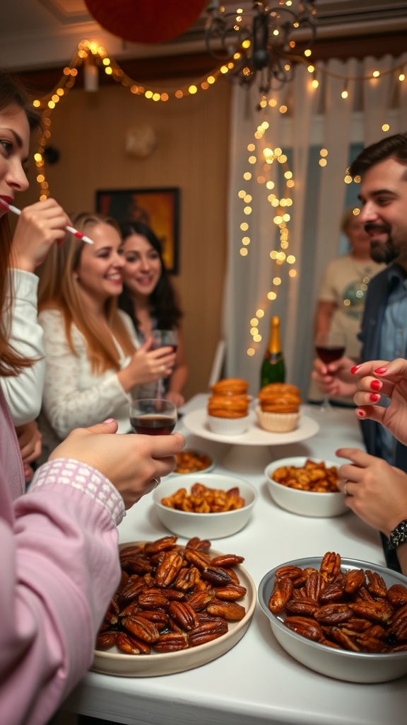 A group of friends enjoying snacks and drinks at a festive gathering, featuring keto candied pecans.
