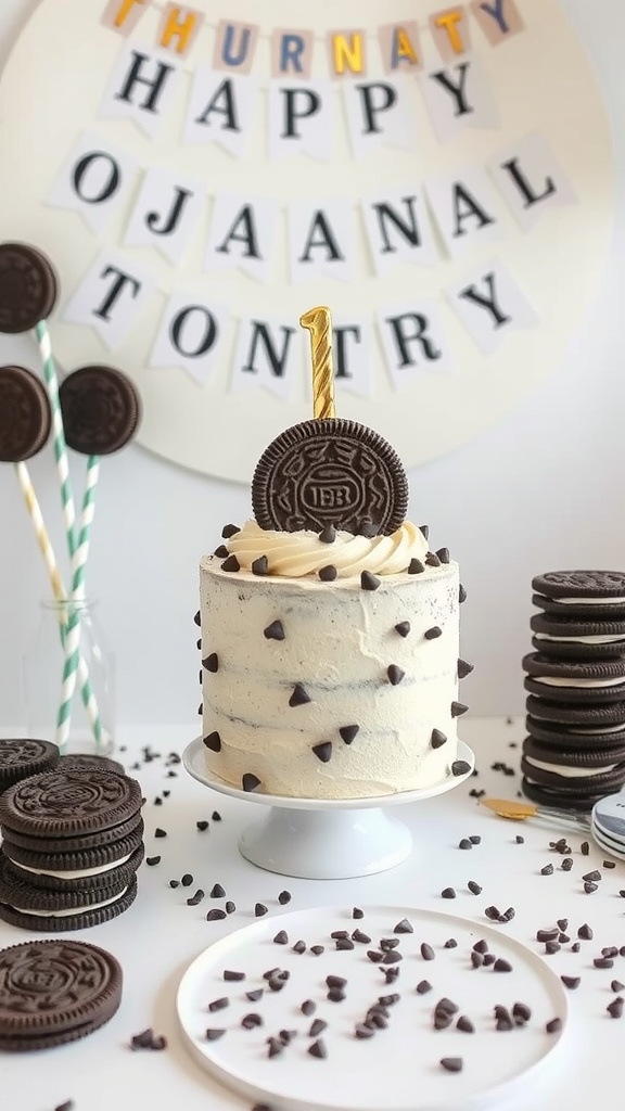 A decorated Oreo cake with cookies and chocolate chips
