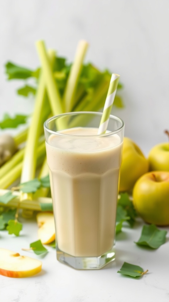 A refreshing celery apple smoothie in a glass with a straw, surrounded by fresh celery and apples.