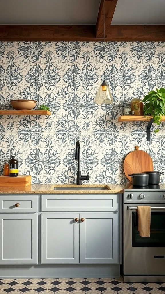 Kitchen backsplash featuring decorative cement tile patterns