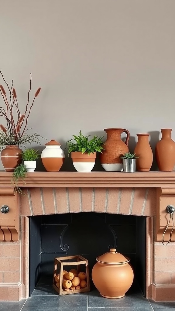 A fireplace decorated with terracotta and ceramic pots, plants, and a wooden basket.