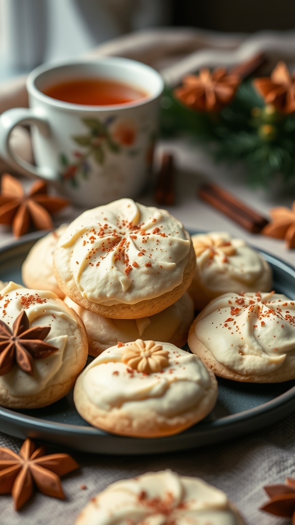 Chai spice keto cream cheese cookies on a plate with decorative spices.