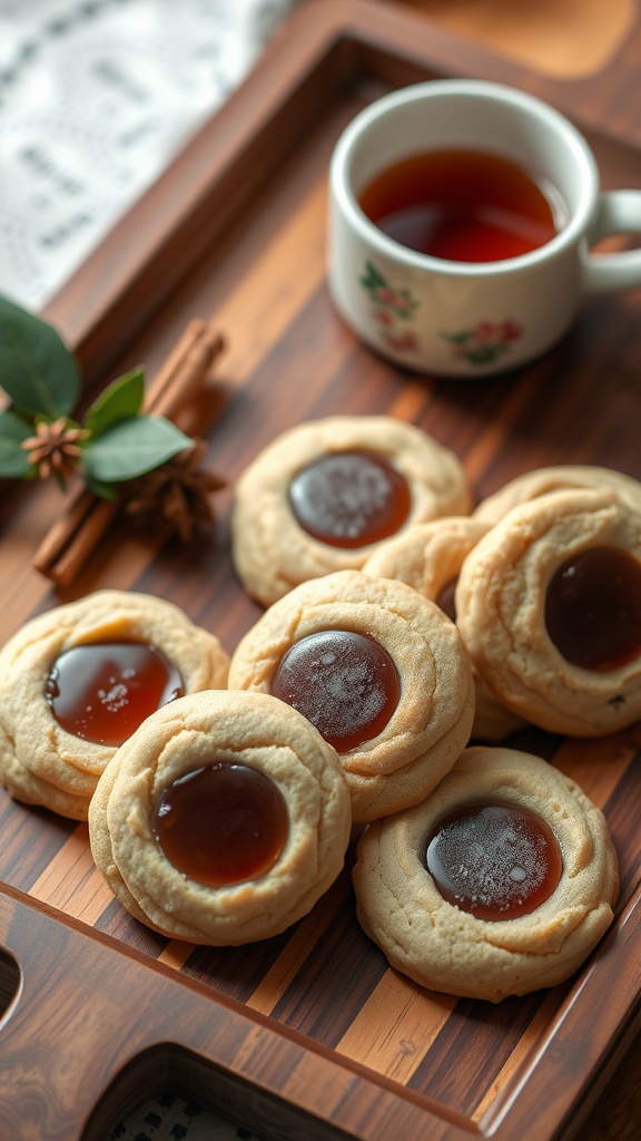 Chai Spice Thumbprint Cookies with Vanilla Bean on a wooden tray