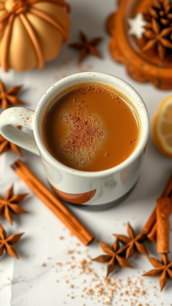 A cozy mug of chai spiced keto coffee, topped with spices, surrounded by cinnamon sticks and star anise.