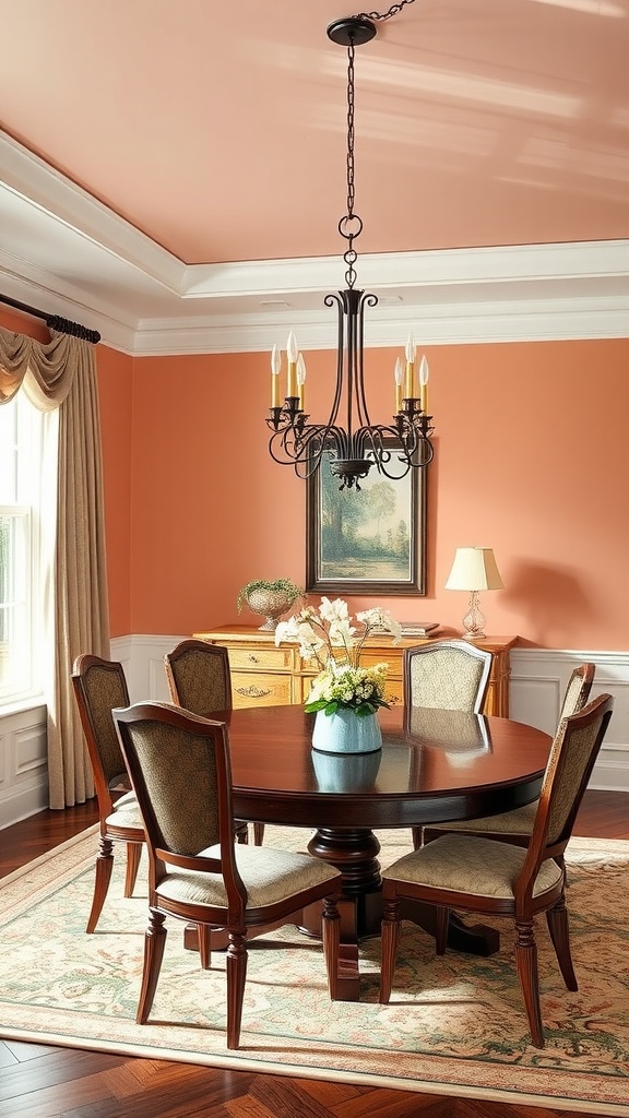 Elegant dining room featuring chair rail moulding and a stylish chandelier.