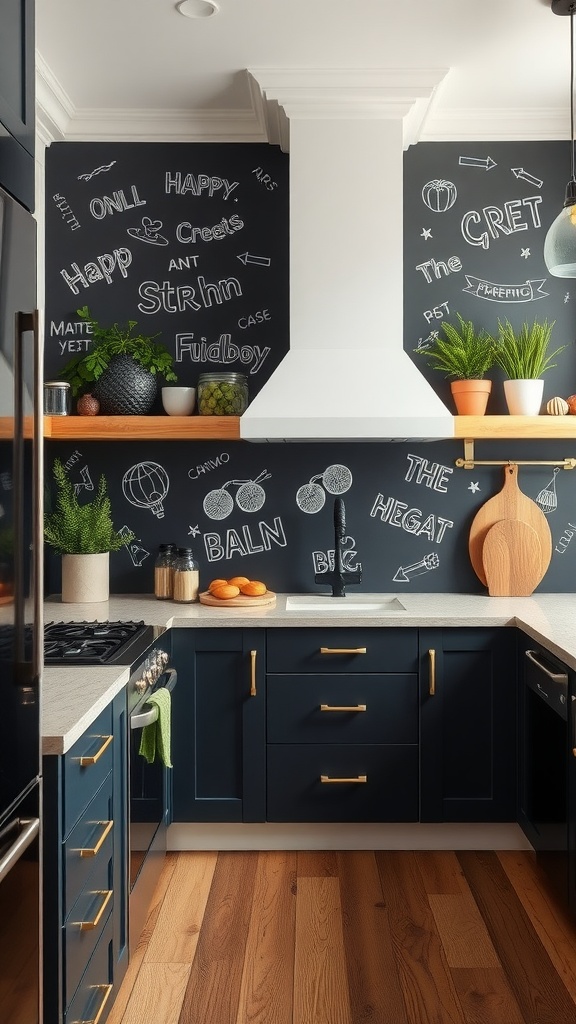 A kitchen with a chalkboard backsplash featuring handwritten notes and doodles.