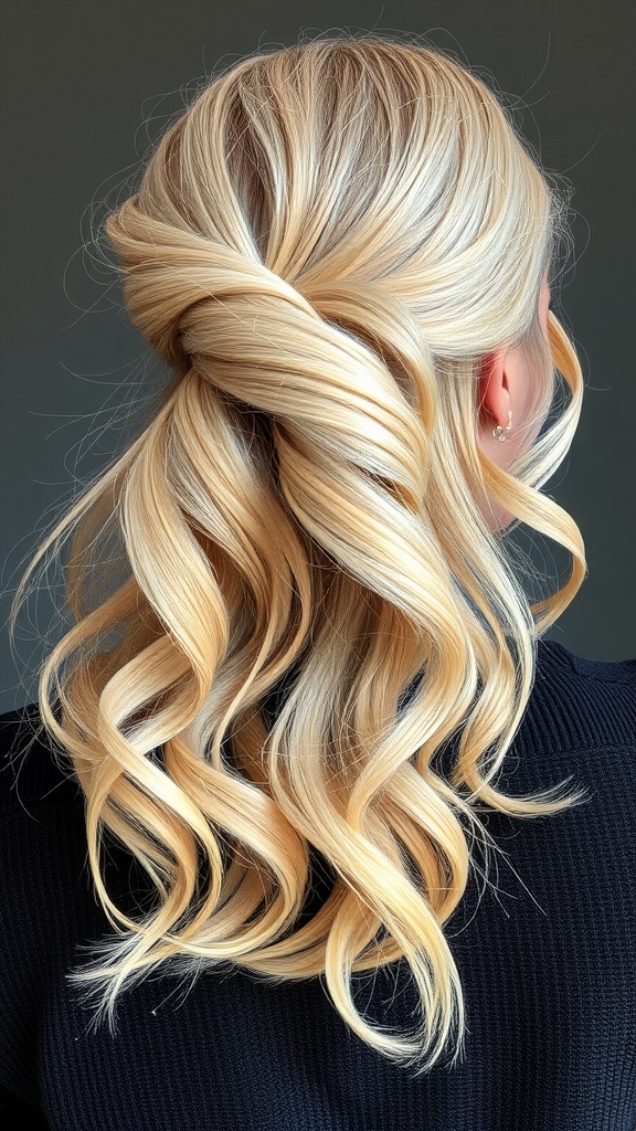 A back view of long, wavy champagne blonde hair styled elegantly