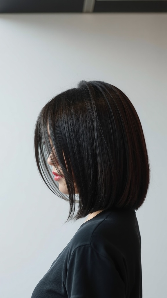A woman with charcoal brown hair styled in a bob cut, looking to the side.