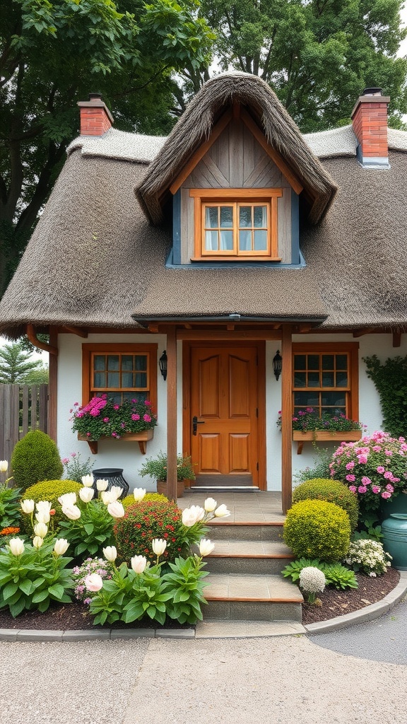 Charming cottage exterior with a thatched roof, wooden door, and flower beds