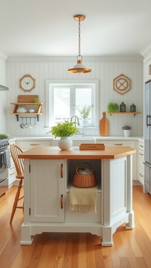 Cozy cottage-style kitchen with a wooden island and natural decor