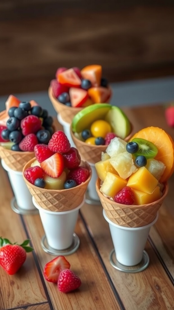 A variety of fruit cones filled with strawberries, blueberries, mangoes, and kiwis arranged on a wooden surface.
