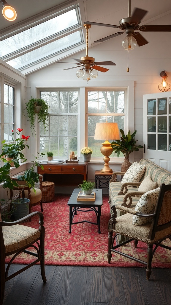 Cozy sunroom with vintage furniture, plants, and a warm rug