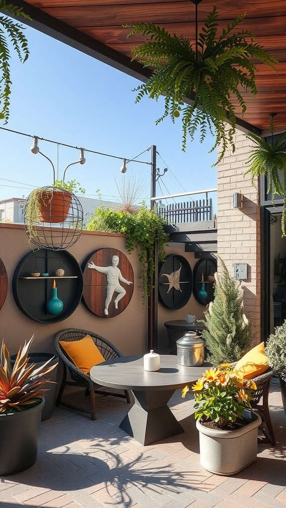 A stylish outdoor patio featuring wall art, plants, and modern furniture.