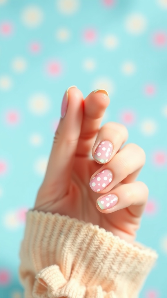 A hand showing short almond nails with pink polish and white polka dots against a pastel blue background.