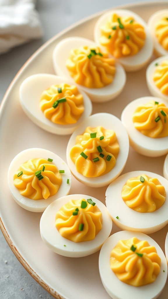 Plate of Cheddar and Chive Deviled Eggs with a creamy yellow filling and chives on top.