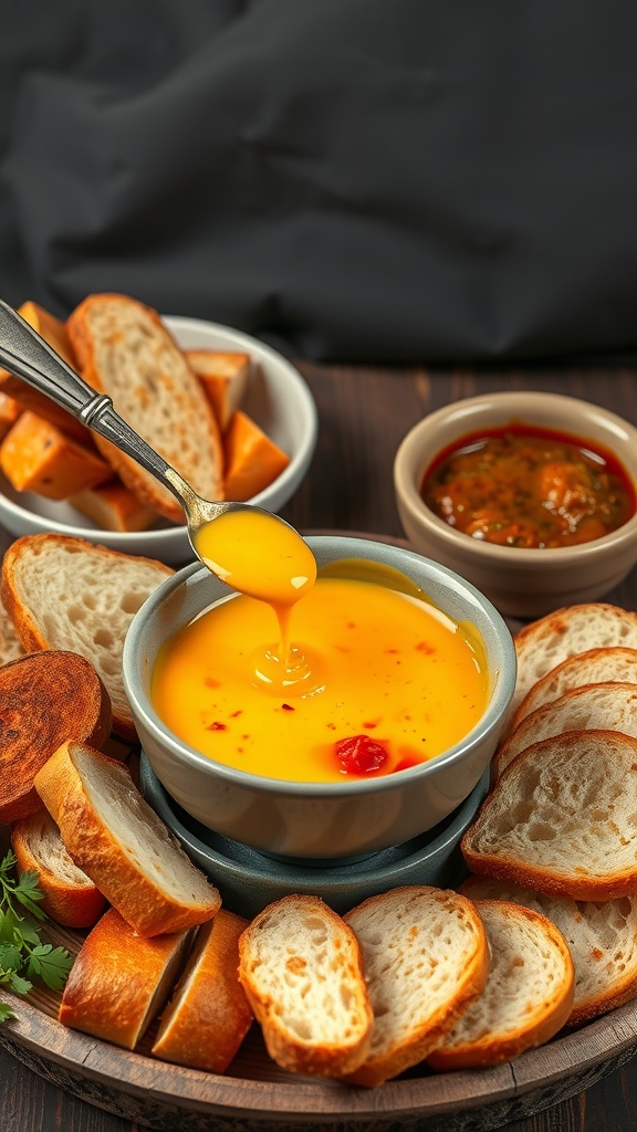 A bowl of melted cheddar cheese surrounded by bread slices and a side of chutney.