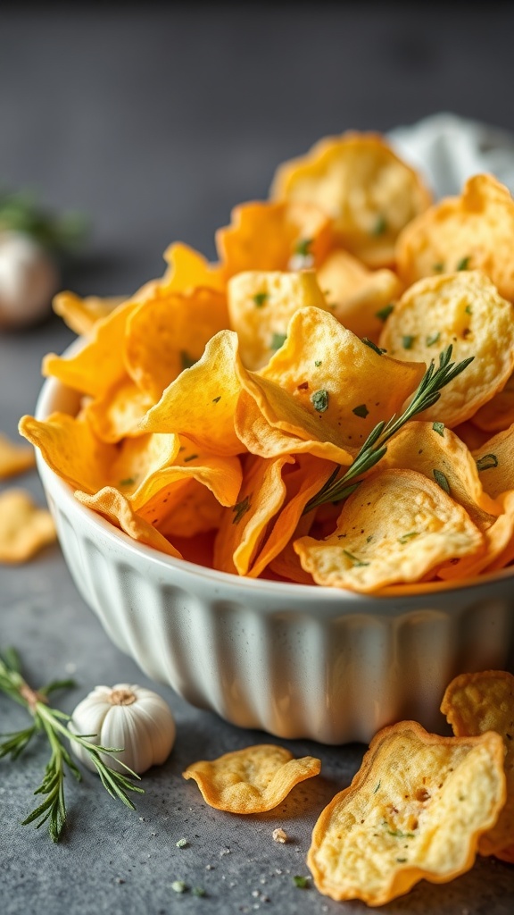 A bowl of golden cheddar and garlic cheese crisps, garnished with parsley.