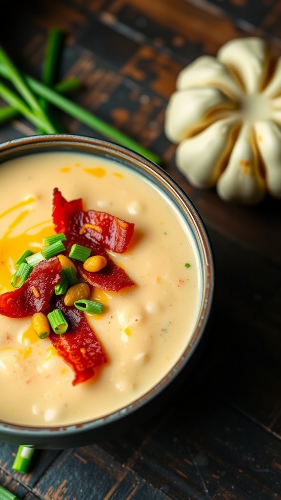 A bowl of creamy cheddar cauliflower soup topped with bacon, green onions, and pine nuts.