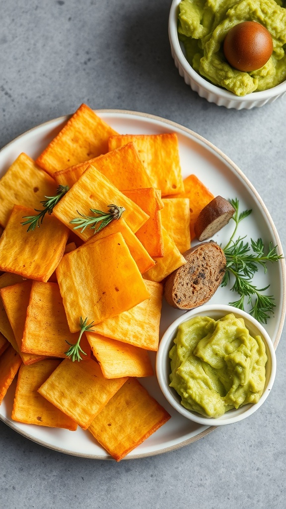 Plate of cheddar cheese crisps served with a dip
