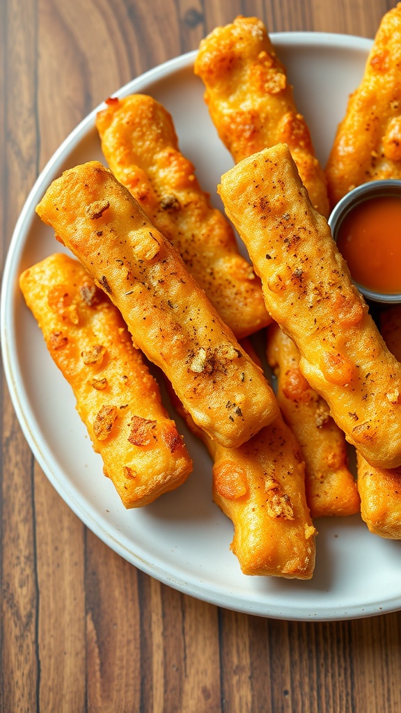 Delicious cheddar cheese sticks seasoned with spices on a plate.