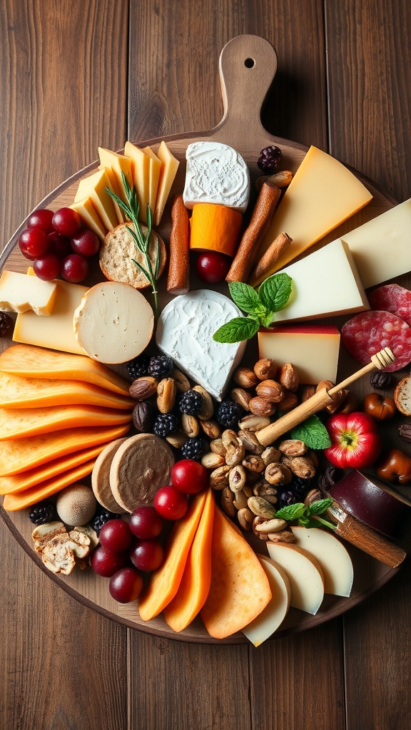 A beautifully arranged cheese and charcuterie board with various cheeses, cured meats, fresh fruits, nuts, and garnishes.