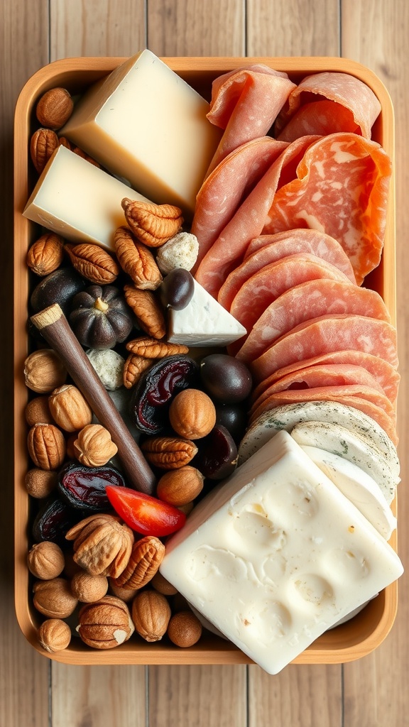 A bento box filled with assorted cheeses, sliced meats, nuts, and dried fruits.