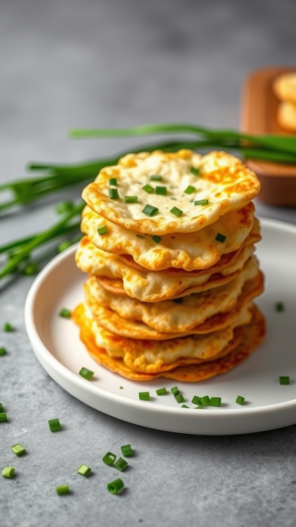 A stack of cheese and chive crisps on a plate, garnished with chopped chives.