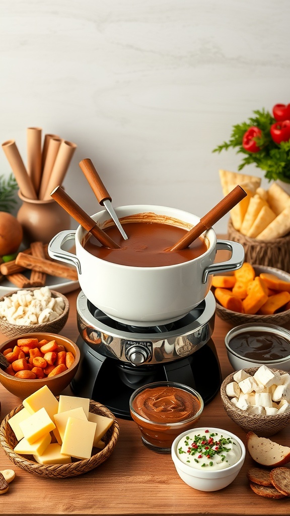A cozy cheese and chocolate fondue station with various dippables.