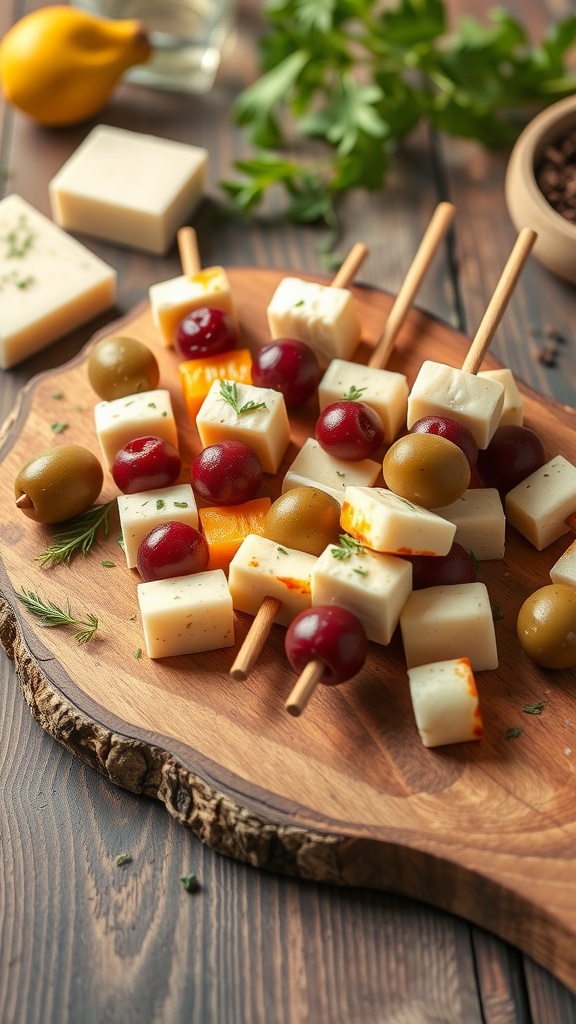 A wooden board displaying cheese and olive skewers, featuring cubes of cheese and green and black olives.