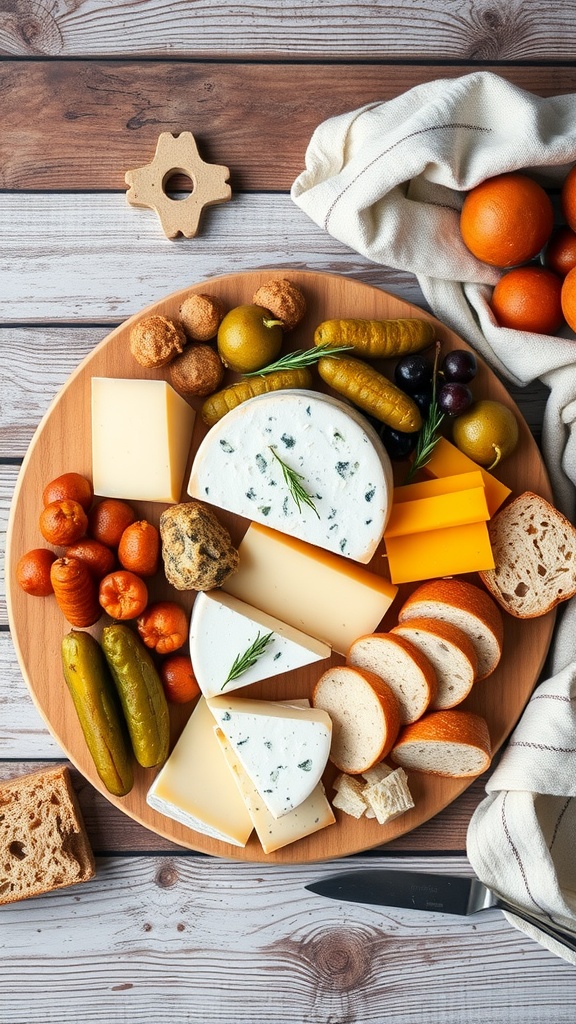 A cheese and pickle pairing board featuring various cheeses, pickles, and bread.