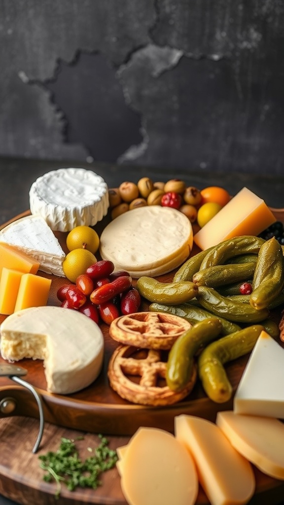 A beautifully arranged cheese and pickle platter with various cheeses, pickles, olives, and crackers.