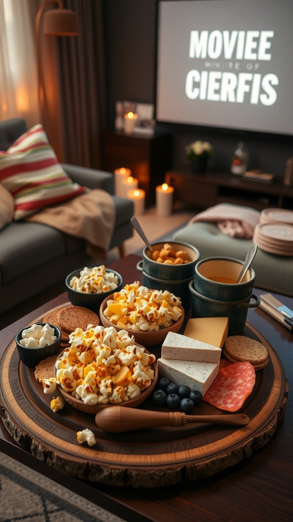 Cheese platter with assorted cheeses, meats, and snacks for a movie night.