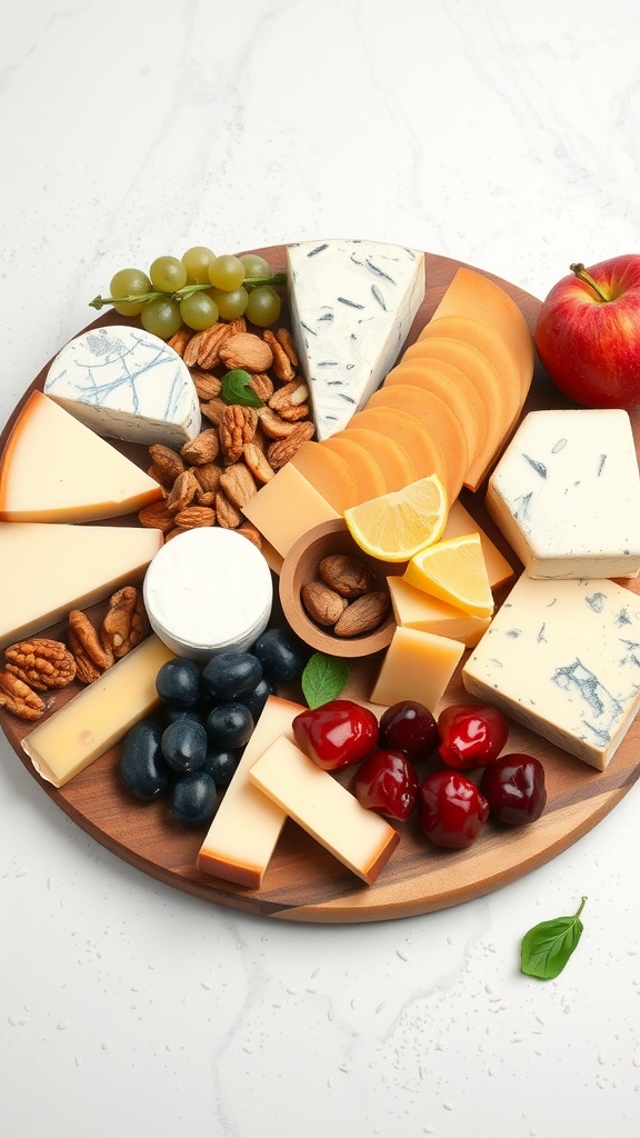 A beautifully arranged cheese platter with various cheeses, fruits, and nuts.