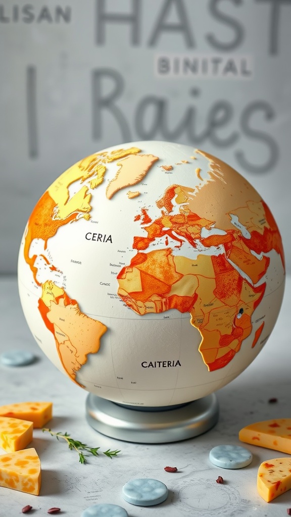 A globe depicting cheese varieties from around the world.