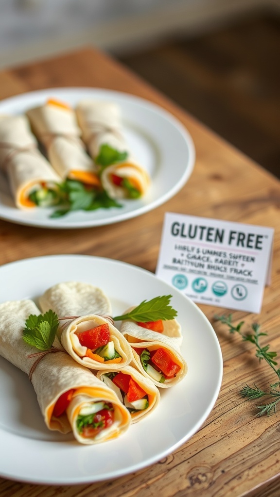 A plate of cheese wraps filled with fresh vegetables and herbs.