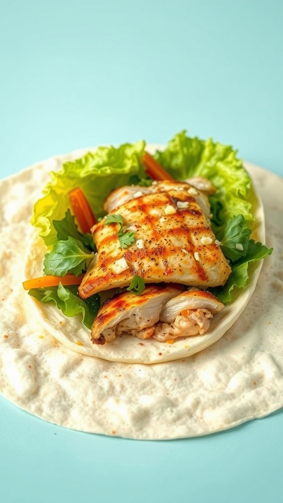 A delicious cheese wrap filled with grilled chicken and fresh vegetables.