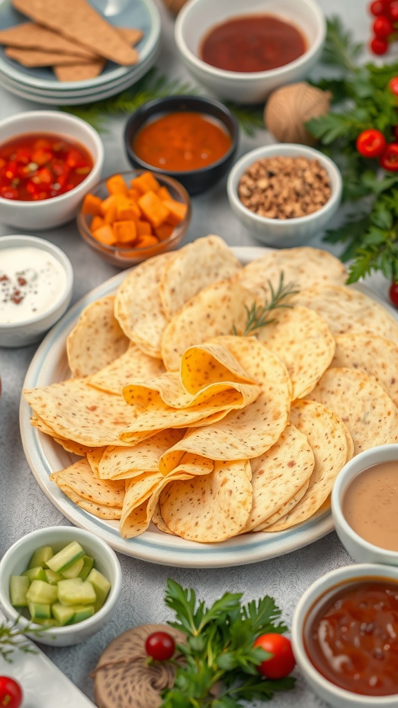 A plate of cheese wraps with various dips and toppings.