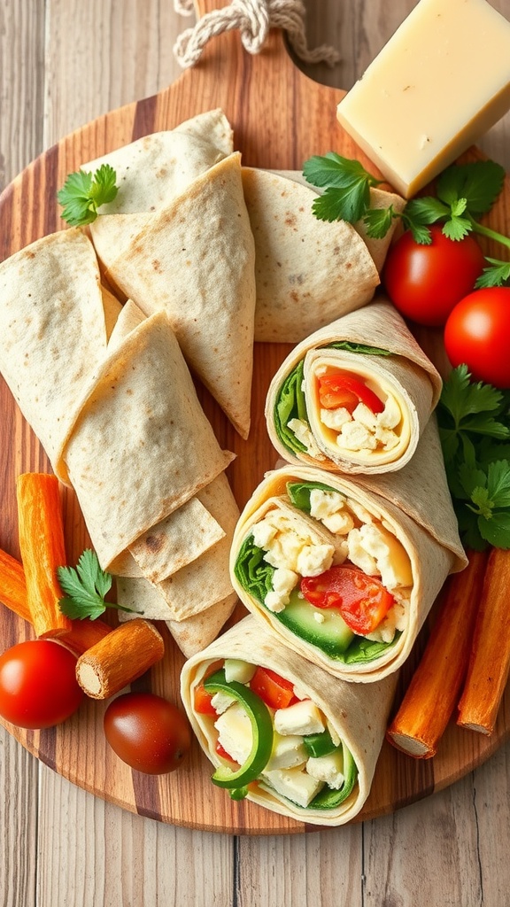 A wooden platter with cheese wraps and fresh vegetables.