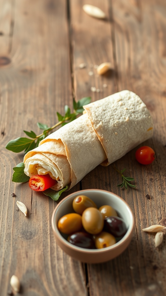 Cheese wraps with vegetables and olives on a wooden table