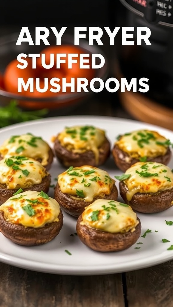 Cheesy Air Fryer Stuffed Mushrooms on a plate