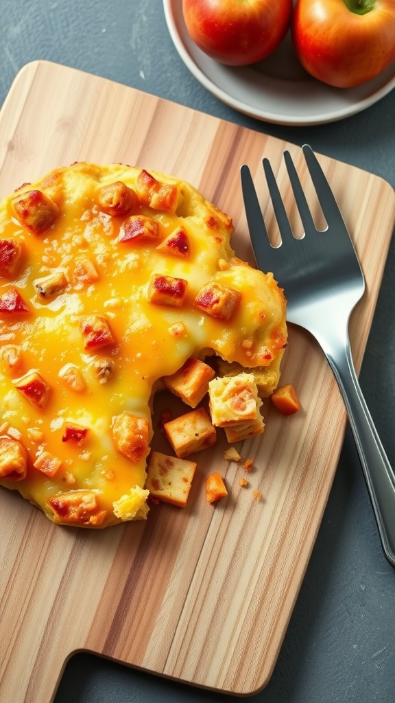 A delicious cheesy breakfast casserole served on a wooden cutting board.