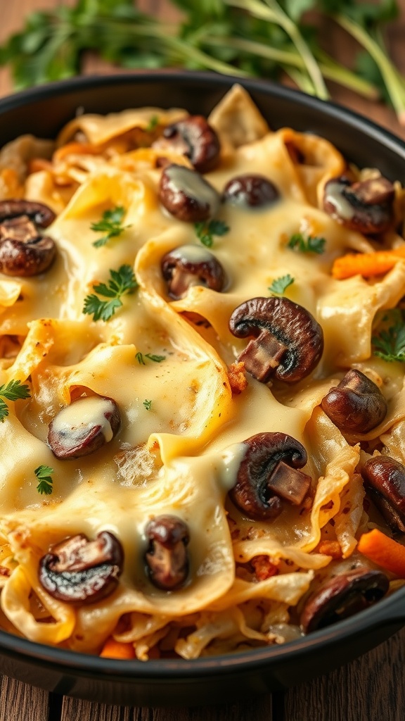 A delicious keto cabbage casserole with cheese and mushrooms