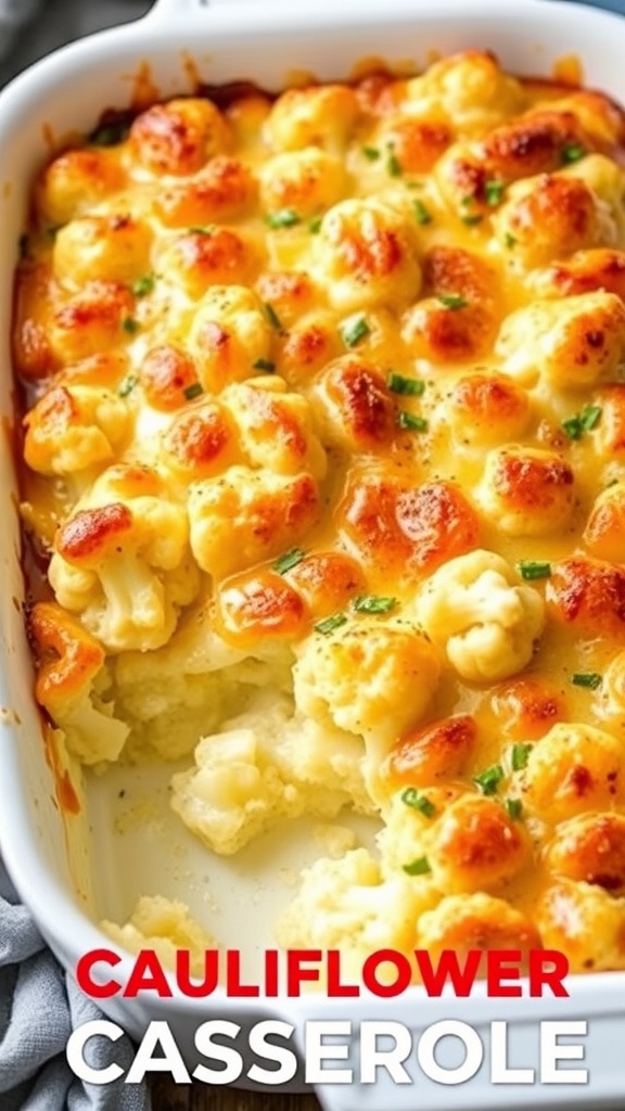 A delicious cheesy cauliflower casserole with a golden topping.